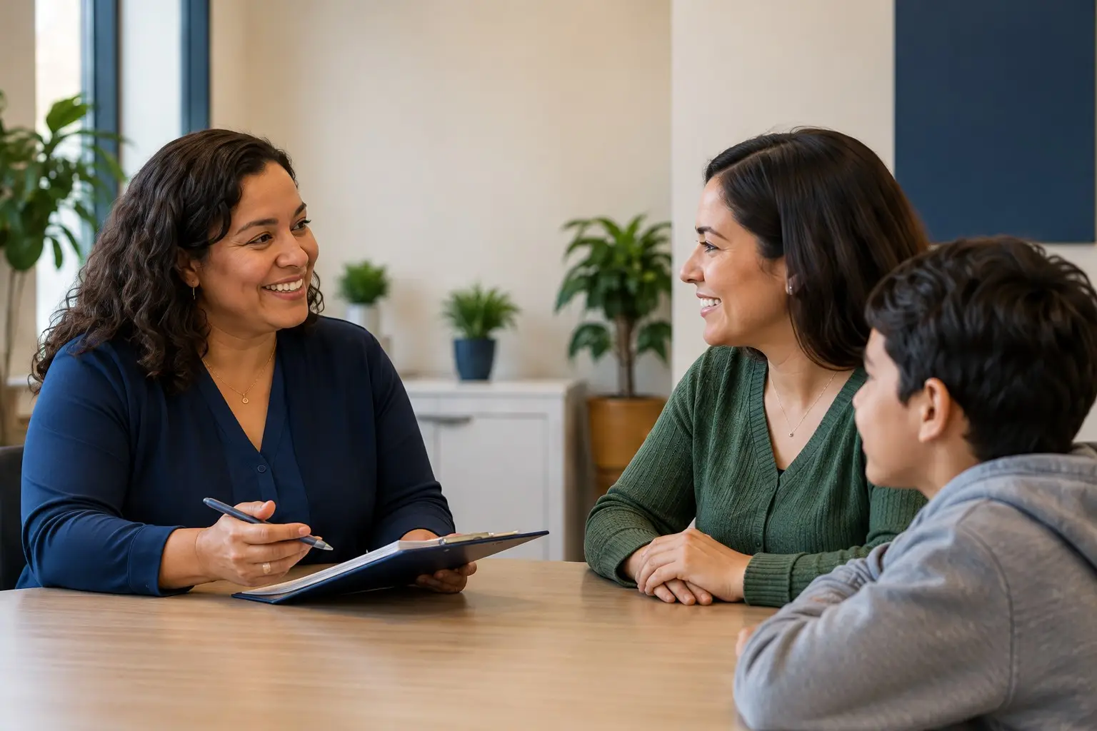 A care professional discussing support options with a family
